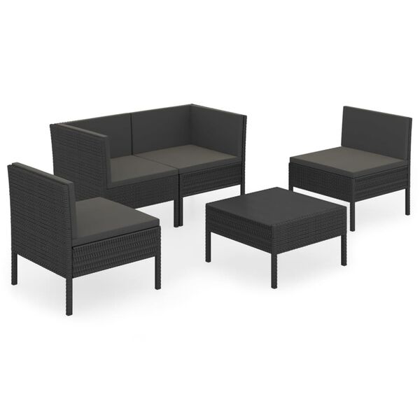 vidaXL 5 pcs conjunto lounge de jardim c/ almofad&otilde;es vime PE preto
