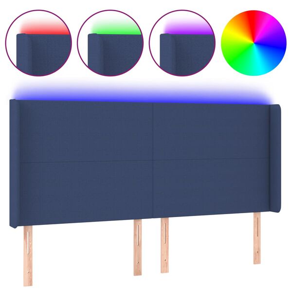 vidaXL Cabeceira de cama c/ luzes LED tecido 183x16x118/128 cm azul