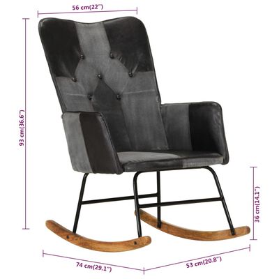 vidaXL Cadeira de baloiço couro genuíno e lona preto