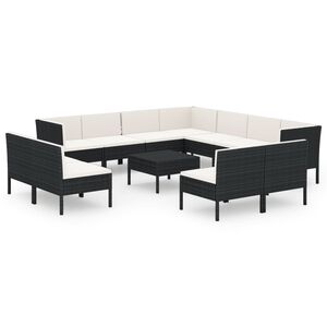 vidaXL 12 pcs conjunto lounge de jardim c/ almofad&otilde;es vime PE preto