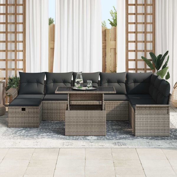 vidaXL Conjunto de Sof&aacute; de Jardim 9 pcs Cinzeto Rattan Sint&eacute;tico