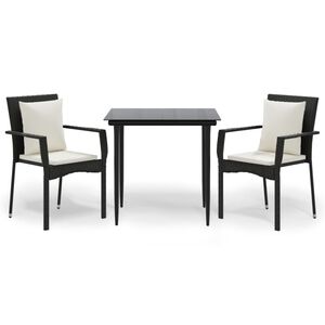 vidaXL 3 pcs conjunto de jantar p/ jardim c/ almofad&otilde;es vime PE preto