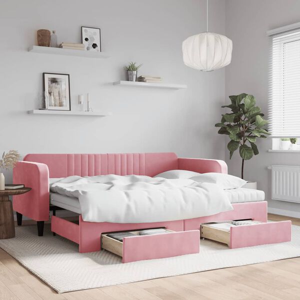 vidaXL Sof&aacute;-cama com gavet&atilde;o e gavetas 90x200 cm veludo rosa