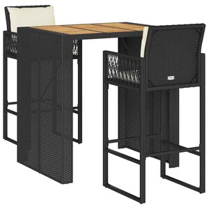 vidaXL 3 pcs conjunto de bar jardim c/ almofad&otilde;es vime PE/ac&aacute;cia preto