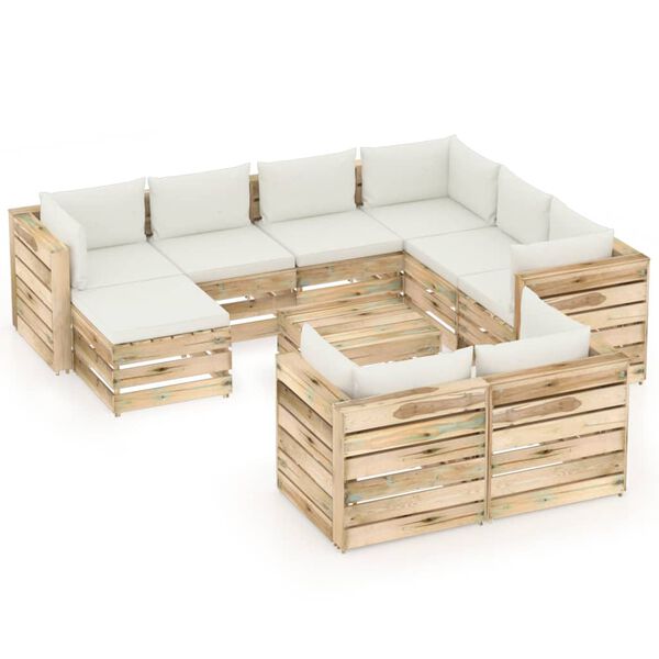 vidaXL 10 pcs conj. lounge jardim c/ almofad&otilde;es madeira impreg. verde