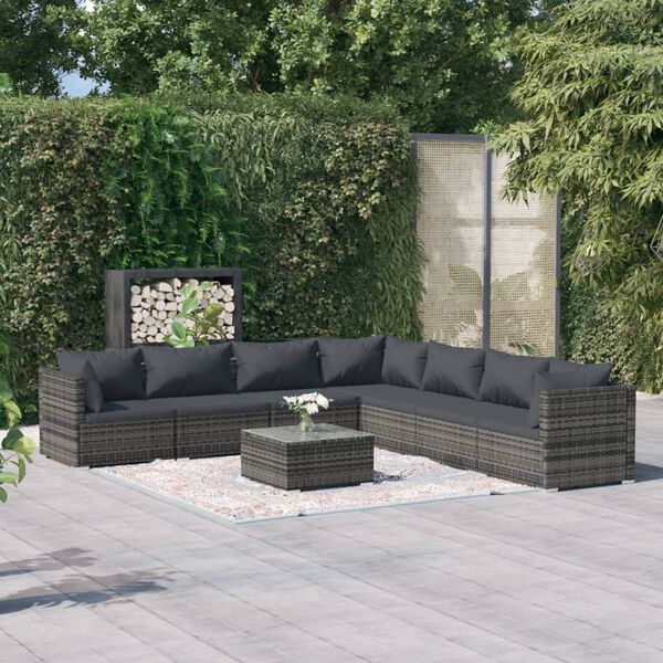 vidaXL 8 pcs conjunto lounge de jardim c/ almofadões vime PE cinzento