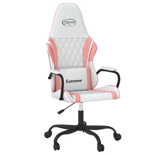 vidaXL Cadeira gaming massagens couro artificial branco e rosa