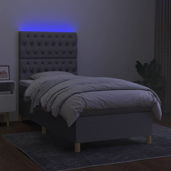 vidaXL Cama box spring c/ colch&atilde;o e LED 90x190 cm tecido cinza-claro