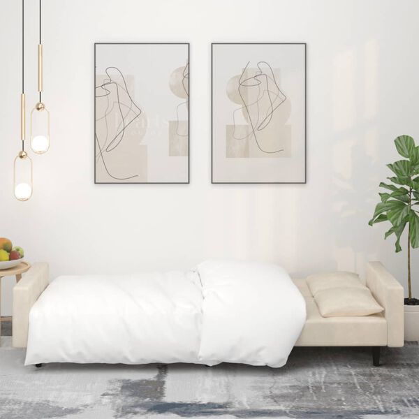 vidaXL Sofá-cama 2 lugares com duas almofadas veludo cor creme