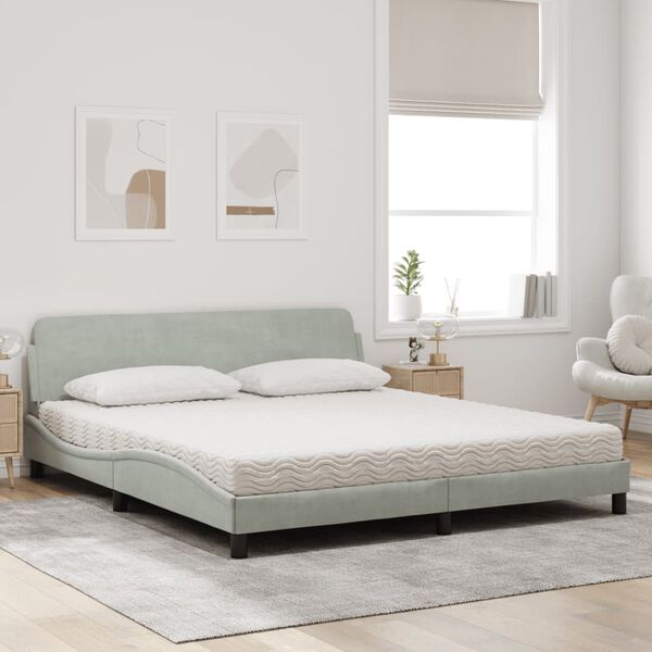 vidaXL Cama com colch&atilde;o Dover 180x200 cm veludo cinzento-claro