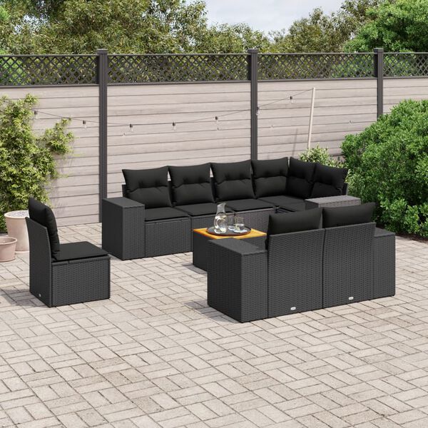 vidaXL 9 pcs conjunto de sof&aacute;s p/ jardim c/ almofad&otilde;es vime PE preto