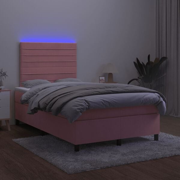 vidaXL Cama box spring c/ colch&atilde;o luzes e LED 120x190 cm veludo rosa