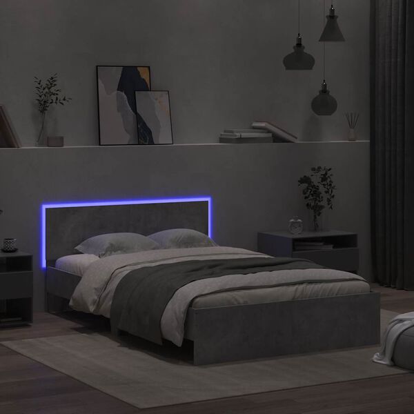 vidaXL Estrutura cama cabeceira e luzes LED 140x190cm cinzento cimento