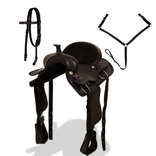 vidaXL Sela western, cabresto e peitoral em couro genu&iacute;no 16" preto