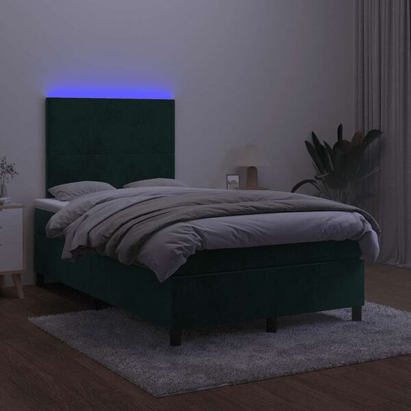 vidaXL Cama box spring com colch&atilde;o e luzes LED veludo verde-escuro