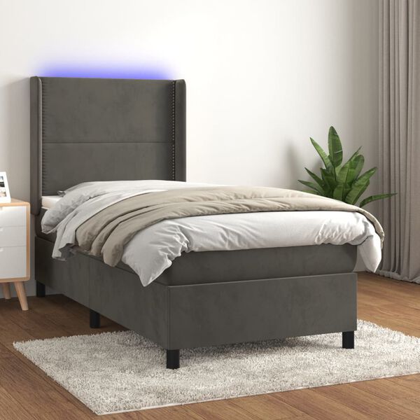 vidaXL Cama box spring c/ colch&atilde;o/LED 100x200cm veludo cinzento-escuro