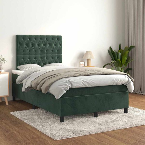 vidaXL Cama boxspring com colch&atilde;o 120x190 cm veludo verde-escuro