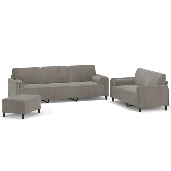vidaXL 3 pcs conjunto sof&aacute;s c/ almofadas/almofad&otilde;es veludo cinza-claro