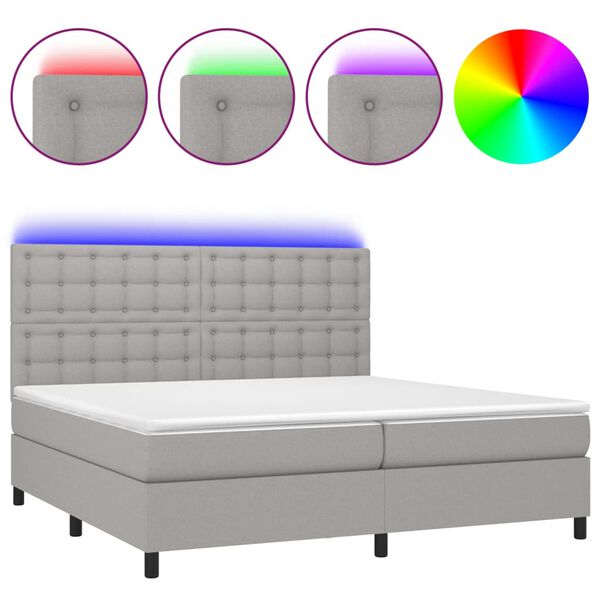 vidaXL Cama box spring c/ colch&atilde;o e LED 200x200 cm tecido cinza-claro