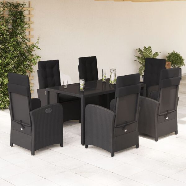 vidaXL 7 pcs conjunto de jantar p/ jardim c/ almofad&otilde;es vime PE preto