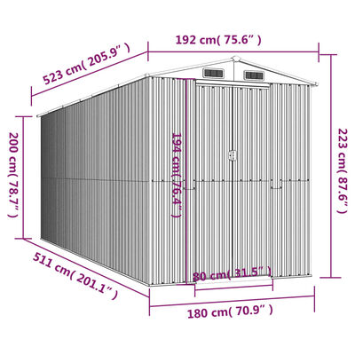 vidaXL Abrigo de jardim 192x523x223 cm aço galvanizado cinzento-claro