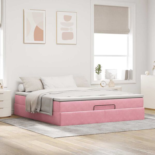 vidaXL Estrutura de cama otomana com colch&atilde;o 160x200 cm veludo rosa