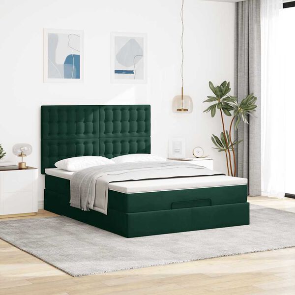 vidaXL Estrutura cama otomana colch&otilde;es 140x200 cm veludo verde escuro