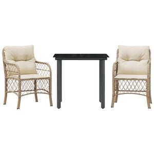 vidaXL 3 pcs conjunto bistr&ocirc; com almofad&otilde;es vime PE bege