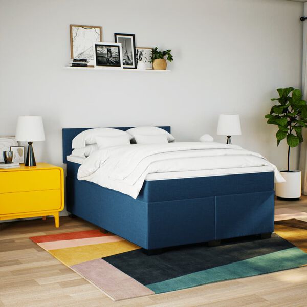 vidaXL Cama com molas/colchão 140x200 cm tecido azul