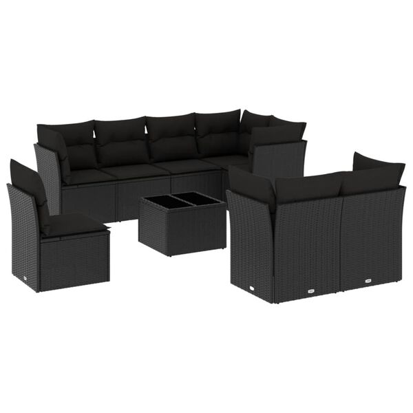 vidaXL 9 pcs conjunto de sof&aacute;s p/ jardim c/ almofad&otilde;es vime PE preto