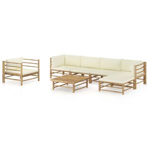 vidaXL 7 pcs conj. lounge p/ jardim em bambu c/ almofadões branco nata