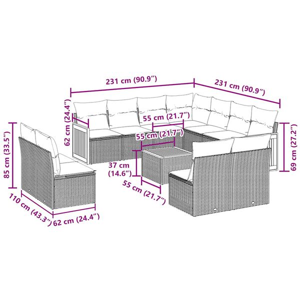 vidaXL 12 pcs conjunto de sof&aacute;s de jardim c/ almofad&otilde;es vime PE preto
