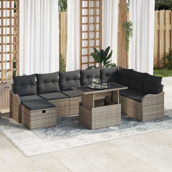 vidaXL Conjunto de Sof&aacute; de Jardim 9 pcs Cinzeto Rattan Sint&eacute;tico