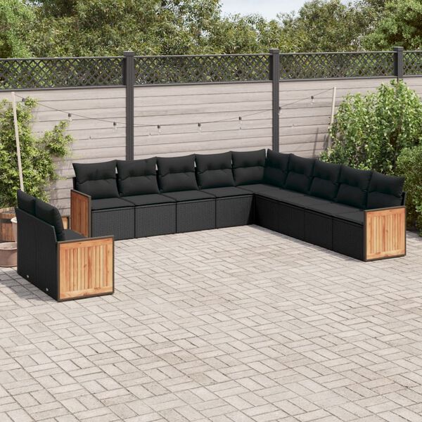 vidaXL 11 pcs conjunto sof&aacute;s de jardim c/ almofad&otilde;es vime PE preto