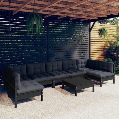 vidaXL 8 pcs conjunto lounge jardim c/ almofadões pinho maciço preto