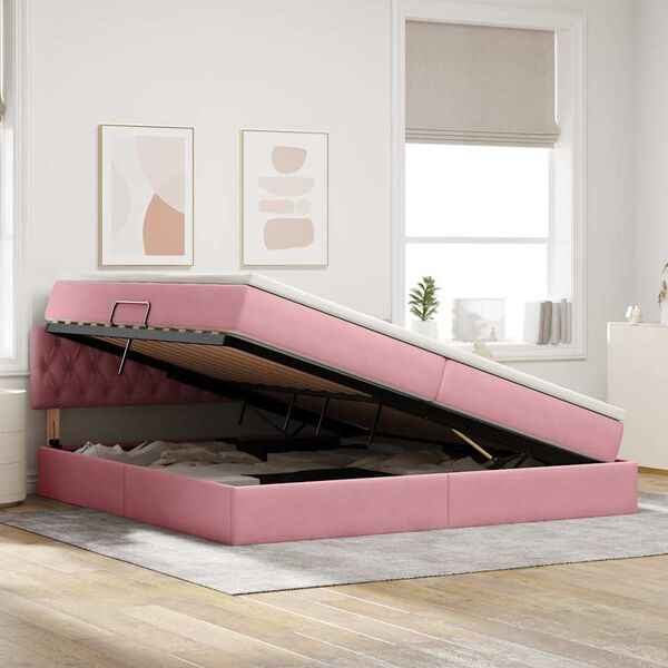vidaXL Cama com Armazenamento com colch&atilde;o Rosa 200 x 200 cm Veludo