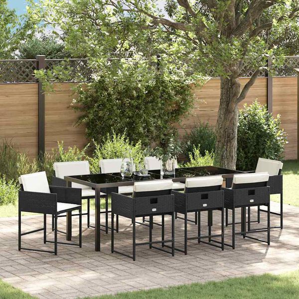 vidaXL Conjunto de Jantar para Jardim com almofada 9 pcs Preto vime PE