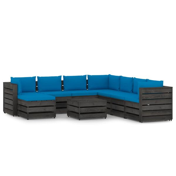vidaXL 9 pcs conj. lounge jardim c/ almofad&otilde;es madeira impreg. cinza