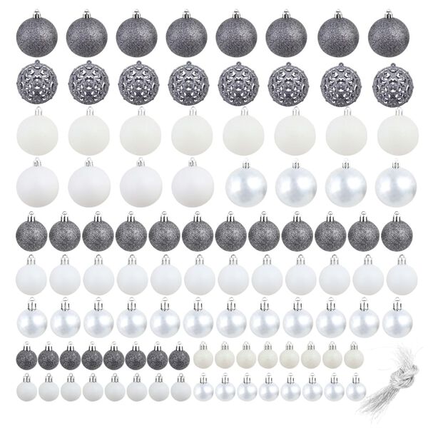 vidaXL Conjunto de bolas de natal 100 pcs 3/4/6 cm branco/cinzento