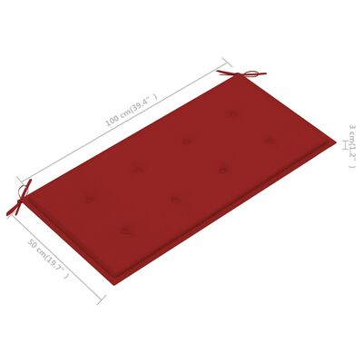 vidaXL Banco de jardim c/ almofadão vermelho 112 cm teca maciça