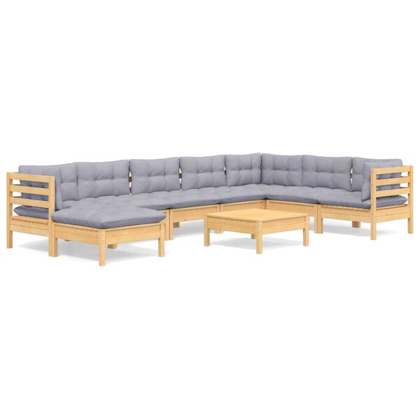 vidaXL 9 pcs conjunto lounge de jardim + almofad&otilde;es cinza pinho maci&ccedil;o