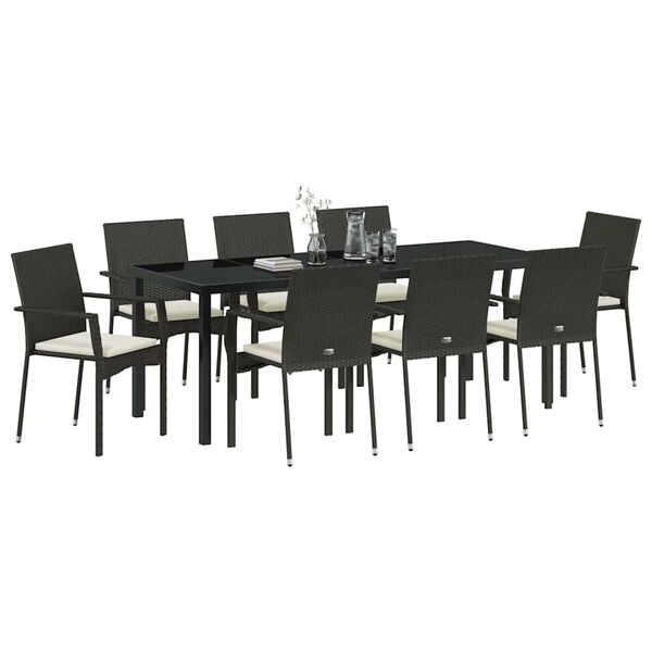 vidaXL Conjunto de Jantar para Jardim com almofada 9 pcs Preto vime PE