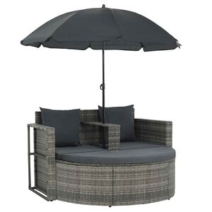vidaXL Sof&aacute; jardim 2 lugares vime PE cinzento almofad&otilde;es e guarda-sol
