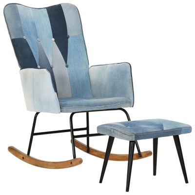 vidaXL Cadeira de balanço com apoio de pés remendos lona azul denim
