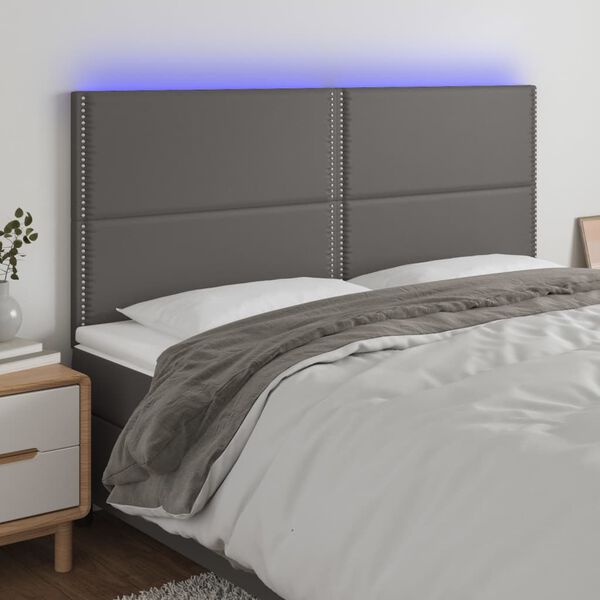 vidaXL Cabeceira cama c/ LED couro artif. 160x5x118/128 cm cinzento