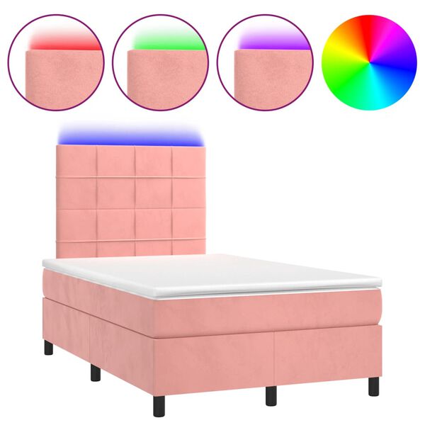 vidaXL Cama box spring c/ colch&atilde;o luzes e LED 120x190 cm veludo rosa