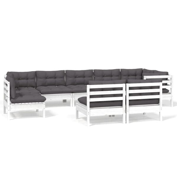 vidaXL 9 pcs conj. lounge de jardim c/ almofad&otilde;es pinho maci&ccedil;o branco