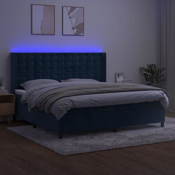 vidaXL Cama box spring c/ colch&atilde;o/LED 200x200 cm veludo azul-escuro