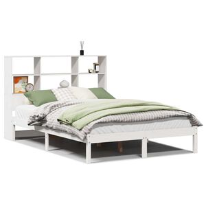 vidaXL Cama com estante sem colch&atilde;o 140x190 cm pinho maci&ccedil;o branco