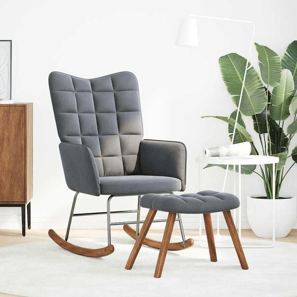 vidaXL Cadeira de balanço com banco em veludo cinza escuro